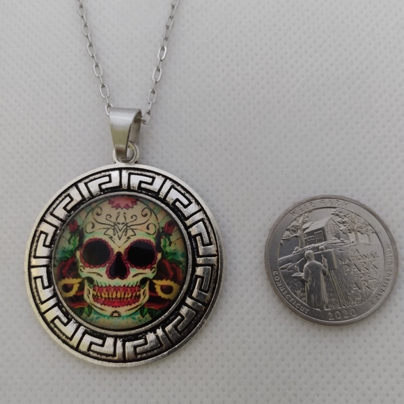 COPY - Handmade Tattooed Skull Cabochon on Aztec Stainless Steel Pendant & 20" … - Picture 3 of 3
